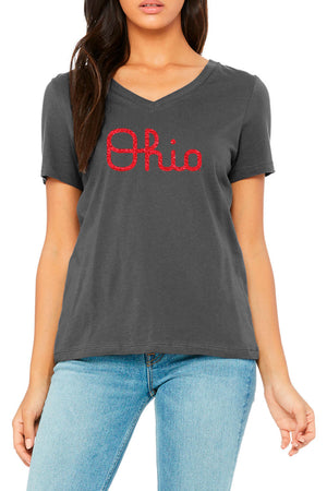 1212 - Script Ohio V-Neck Glitter Print Tee - Asphalt