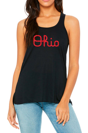 1213 - Script Ohio Glitter Print Gathered Back Bliss Tank - Heather Black