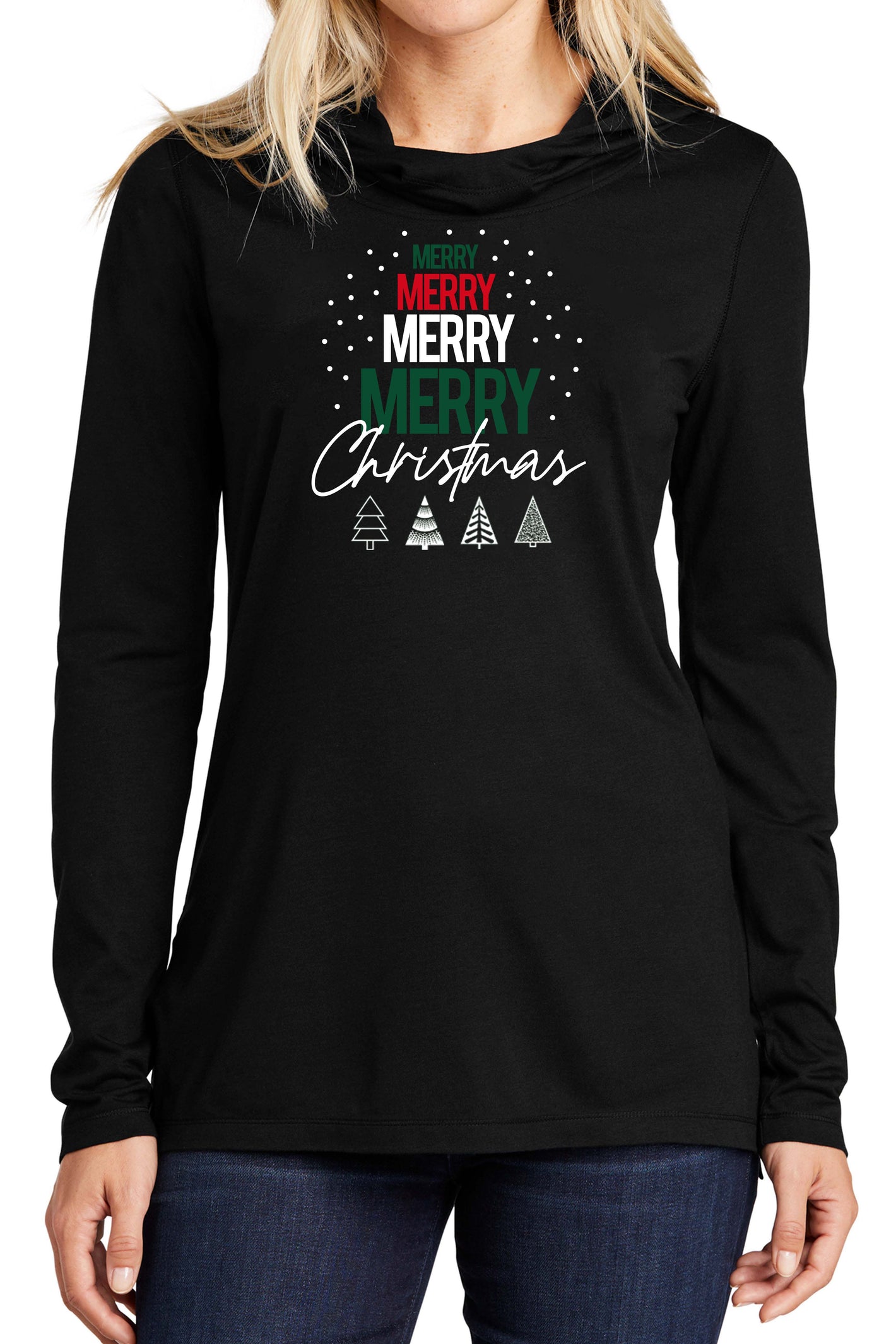 "Merry, Merry Christmas Tree" Unisex Lightweight Hoodie - Black